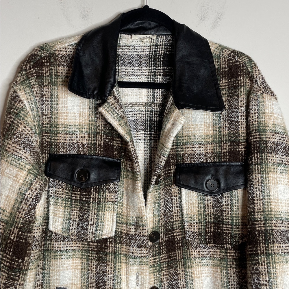 Le Miel | Women’s Plaid Oversized Shacket Vegan Leather Details Size Medium - Picture 2 of 6